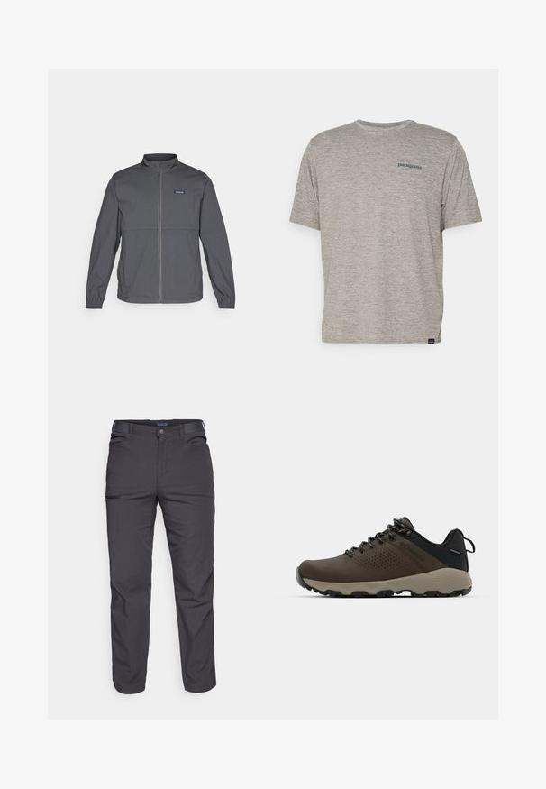 Giacca leggera grigia con colletto alto, zip frontale completa, polsini elasticizzati e una patch con logo sulla parte superiore sinistra del petto. Tessuto dalla superficie liscia.; T-shirt grigio a maniche corte realizzato in un morbido tessuto di texture, con un piccolo logo blu di Patagonia sul lato sinistro del petto. Senza ulteriori fantasie.; Pantaloni grigi scuri realizzati in tessuto resistente, dotati di tasca con zip, taglio dritto e passanti per cintura per una vestibilità regolabile.; Sneakers impermeabili marroni con tomaia testurizzata, dettagli perforati, supporto al tallone nero e suola in gomma grigia. I lacci sono decorati con estremità metalliche.