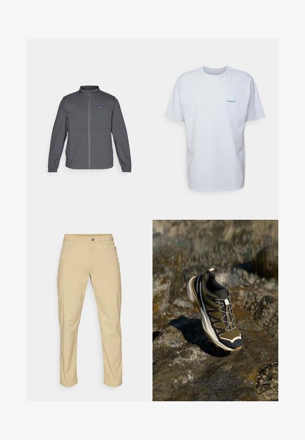 Gray lightweight jacket with a high collar, full front zipper, elastic cuffs, and a logo patch on the upper left chest. Smooth fabric texture.; White cotton t-shirt with short sleeves, round neck, and a left chest pocket featuring a blue "Patagonia" logo. Classic fit with a smooth texture.; Patagonia QUANDARY PANTS - Outdoor trousers - classic tan; Hiking shoe in olive green and black with pink accents. Features a textured upper, flexible sole, reinforced toe cap, and colorful lacing system.