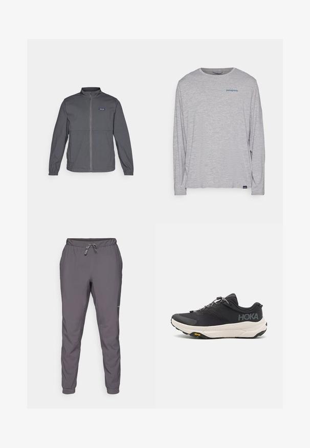 Jachetă ușoară gri, cu guler înalt, fermoar pe toată lungimea din față, manșete elastice și un patch cu logo pe partea superioară stângă a pieptului. Textură de țesătură netedă.; Tricou cu mânecă lungă de culoare gri deschis, realizat dintr-un material moale și texturat. Are un gât rotund și un mic logo al brandului Patagonia de culoare albastră pe piept.; Pantaloni gri, ușori, cu talie elastică și șnur ajustabil; picioare conice; textura fină; include detalii cu logo pe lateral.; Pantof cu design sportiv de culoare neagră, cu un material texturat, accente gri, detalii reflectorizante și o talpă groasă de culoare albă care poartă marcajul Vibram.