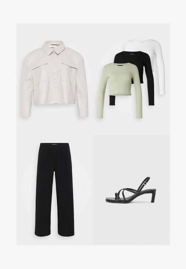 Kuttet lys beige faux skinnjakke med krage, knapplukking foran og to brystlommer. Glatt tekstur og minimalistisk design.; Even&Odd Petite 3 PACK - Topper langermet - black/white/light green; Svart bukser med vid benvidde og elastisk midjebånd. Laget av et strukturert materiale, med en løs passform og rett snitt fra hoftene til sømmen.; Sorte sandaler med stropper, firkantet tå og lav blokk hæl. Har flere tynne stropper og en justerbar ankelstropp. Laget av glatt lær.