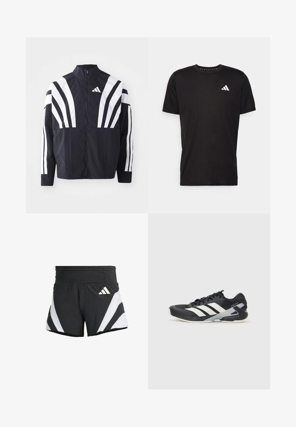 Sort jakke med højt krave, fuld lynlås og iøjnefaldende hvide diagonale striber på ærmerne. Lavet af letvægtsstof med en glat tekstur.; Sort bomulds T-shirt med korte ærmer, rund hals og et hvidt logo på venstre bryst. Glat tekstur og enkelt design.; adidas Performance ADIZERO A M - Korte sportsbukser - black; Sort sportsko med hvide striber, mesh-overdel, rund tå og dæmpet sål. Har en tekstureret hæl og et sikkert snøresystem.