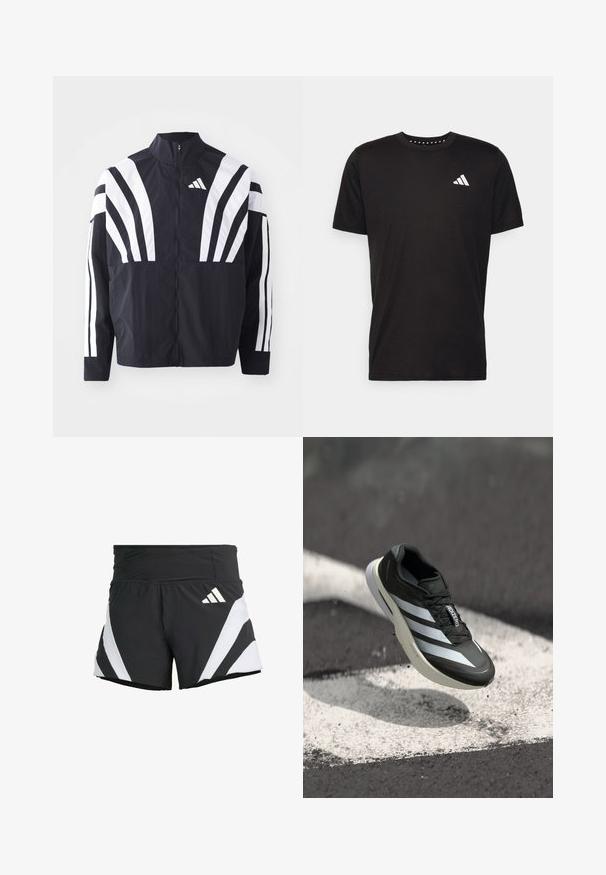 Veste noire avec un col montant, fermeture éclair sur toute la longueur et de larges rayures blanches diagonales sur les manches. Fabriquée en tissu léger avec une texture lisse.; T-shirt en coton noir à manches courtes, décolleté rond et logo blanc sur la poitrine gauche. Texture lisse et design simple.; adidas Performance ADIZERO A  M - Short de sport - black; Chaussure de sport noire avec trois rayures blanches, tige texturée, design élégant et semelle courbée, positionnée au-dessus d'une ligne blanche sur l'asphalte.