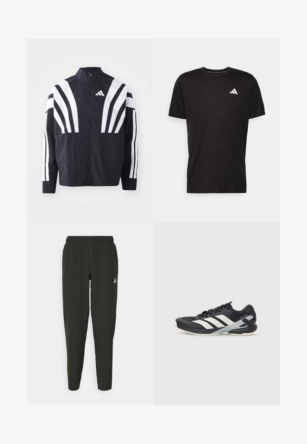 Fekete dzseki magas gallérral, teljes cipzárral és merész, fehér, átlós csíkokkal az ujjakon. Könnyű anyagból készült, sima tapintással.; Fekete pamut póló rövid ujjal, kerek nyakkivágással, bal mellrészen fehér logóval. Sima textúra és egyszerű dizájn.; Fekete sportnadrág rugalmas derékrésszel, vékony szabással és fehér logóval a bal lábszáron. Sima, könnyű anyag.; Fekete sportcipő fehér csíkokkal, hálós felsőrész, kerek orr és párnázott talp. Texturált sarokkal és biztonságos fűzőrendszerrel rendelkezik.
