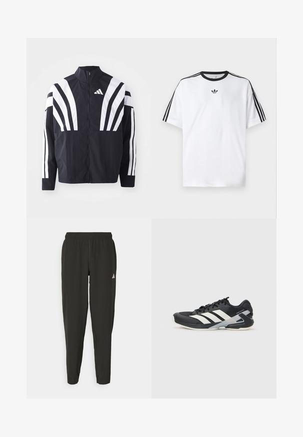 Chaqueta negra con cuello alto, cremallera completa y llamativas franjas diagonales blancas en las mangas. Fabricada en tejido ligero con una textura suave.; Camiseta blanca de algodón, con un cuello redondo negro y tres rayas negras en cada hombro. Pequeño logo negro en el pecho.; Pantalones deportivos negros con cinturilla elástica, ajuste Slim y logo blanco en la pierna izquierda. Tejido suave y ligero.; Zapatilla deportiva negra con franjas blancas, parte superior de malla, punta redondeada y suela acolchada. Presenta un talón texturizado y un sistema de cordones seguro.