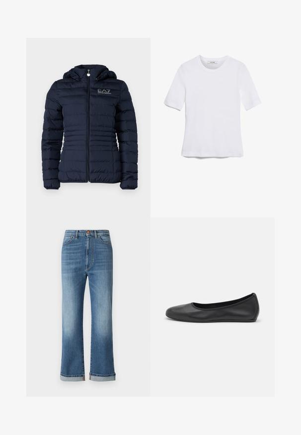 EA7 Emporio Armani JACKET - Lengva striukė - blue; Balta trumpa rankovėmis marškinėliai, pagaminti iš pasiruošusio audinio. Apvali iškirptė, reguliari tinkamumas ir subtilūs siuvimo detalės. Be raštų ar grafikos.; Mėlyni džinsai su aukštu juosmeniu, plačiomis kojomis ir prikeltomis rankovėmis. Matoma siuvimo linija ir priekinis mygtuko užsegimas, klasikinis penkių kišenių dizainas.; Juodai odiniai baletai su apvaliu pirštu, lygi texture, minimalus siuvimo detales ir lanksčiu padų dizainu.