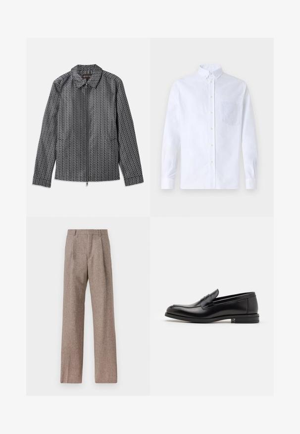 Juodas ir baltas raštuotas švarkas su kolorine apykakle, visu užtrauktuku ir ilgomis rankovėmis, pasižymintis lygia tekstūra ir šiuolaikiniu dizainu.; Balta ilga rankovė mygtukų marškiniai, pagaminti iš medvilnės, su krūtine kišene ir toniniu siuvinėjimu, apykakle ir mygtukų apvadu.; Rudos, aukšto liemens kelnes, pagamintas iš tekstūruotos medžiagos. Plati kojos, dvi priekinės klostės struktūrai. Tvarkingas apdailos darbai, be matomų detalių.; Juodos odinės loafers, turinčios lygų paviršių, apvalią noselę ir dekoratyvinę juostą per priekinę dalį. Žemas krentantis kulnas, minimalistinis dizainas.