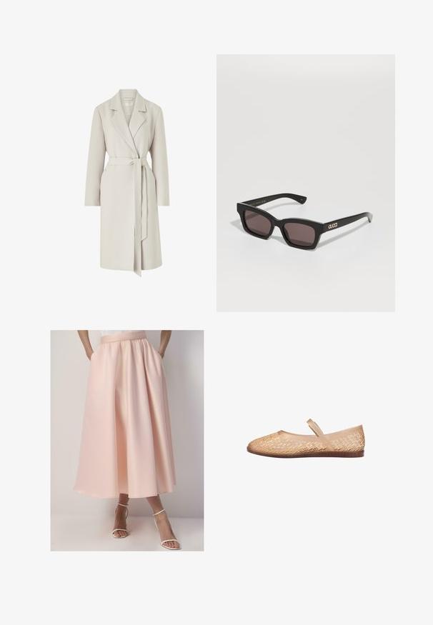 Light gray long coat with a notch collar, tie belt, side pockets, and a textured fabric. Designed for a relaxed fit with long sleeves.; White long-sleeve blouse, featuring a textured floral pattern, gathered neckline, and elastic cuffs. Soft, lightweight fabric.; Pale pink, floor-length skirt with a gathered waistband, featuring side pockets and a smooth texture. Worn with white strappy sandals.; Beige ballet flats with a woven pattern, made of flexible material. Features a flat sole and a discreet ankle strap for secure fit.; Black rectangular sunglasses with dark lenses, featuring gold "GUCCI" logo on the temple. Made of smooth plastic, with a sleek, modern design.; Brown woven leather tote bag with two handles, a structured shape, and a textured surface, featuring a diamond pattern throughout.