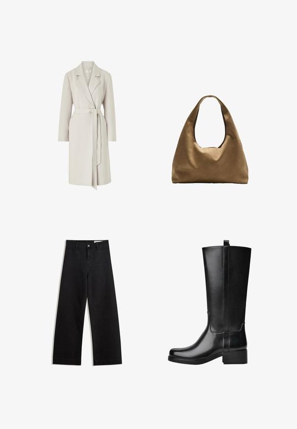 Hellgrauer langer Mantel mit Reverskragen, Bindegürtel, seitlichen Taschen und strukturiertem Stoff. Entworfen für eine lockere Passform mit langen Ärmeln.; Schwarzes Kurzarm-T-Shirt aus weichem Stoff, mit Rundhalsausschnitt und lockerer Passform, glatter Textur und ohne Muster.; Schwarze weit geschnittene Jeans mit hoher Taille, ausgestattet mit Vorder- und Hintertaschen, gesteppten Nähten und einem Knopfverschluss. Glatte Textur.; Schwarze knielange Stiefel aus glänzendem Leder mit blockiertem Absatz, vertikalen Nähten und einer Ziehlasche oben für einfaches An- und Ausziehen.; Braune Stoffschultertasche mit einem breiten, runden Körper und einem großen Ausschnittgriff. Sanfte Textur, minimalistisches Design und keine sichtbaren Beschläge.
