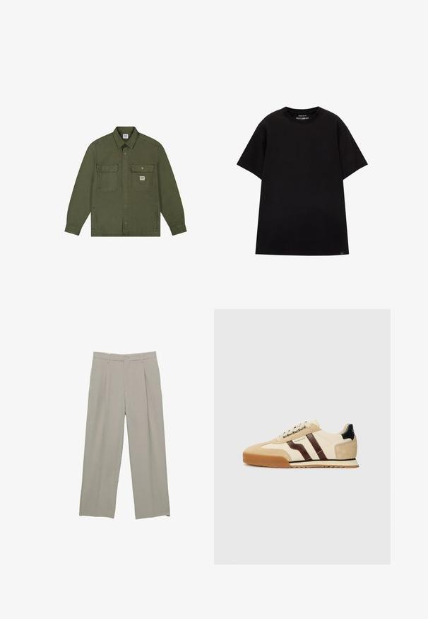 Lee WORKWEAR - Tunn jacka - oak moss; PULL&BEAR JOIN LIFE - T-shirt - bas - black; Ljusgrå vida byxor med slät textur, med framveck, knappstängning och sidfickor.; GANT BAYLLE - Sneakers - sand