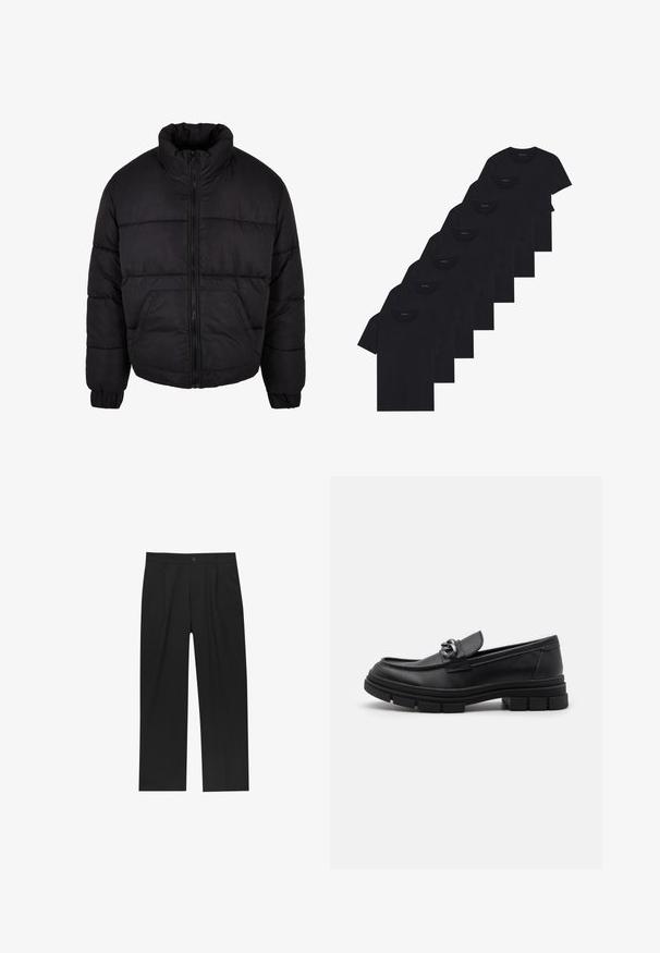 Svart pufferjacka med hög krage, dragkedja fram och elastiska ärmslut. Har horisontell sömnad och två framfickor.; Set med åtta svarta bomullströjor med korta ärmar och rundad halsringning, med en enkel design och mjuk textur.; Svarta byxor med rak ben-design, tillverkade av ett jämnt tyg. Har framfickor och en enkel knapplåsning i midjan.; Svart läderloafersko med rund tå, en dekorativ rem och hårdvara, samt en chunky texturerad sula. Slät finish med subtila detaljer.