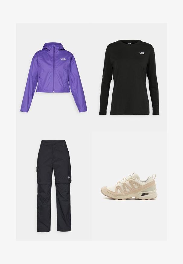 Giacca a vento viola tagliata, realizzata in materiale leggero e resistente all'acqua. Caratterizzata da un cappuccio, chiusura a zip e tasche frontali. Logo sul petto.; T-shirt nera a maniche lunghe in cotone con colletto rotondo. Presenta un piccolo logo bianco sul lato sinistro del petto. Design semplice e vestibilità comoda.; Pantaloni cargo in nylon nero con zip rimovibile, polsini regolabili, molteplici tasche e un logo sulla gamba destra. Tessuto liscio e leggero.; Scarpa atletica beige e crema con tomaia in mesh testurizzato, sovrapposizioni supportive e suola in gomma con un motivo a tasselli per la trazione.