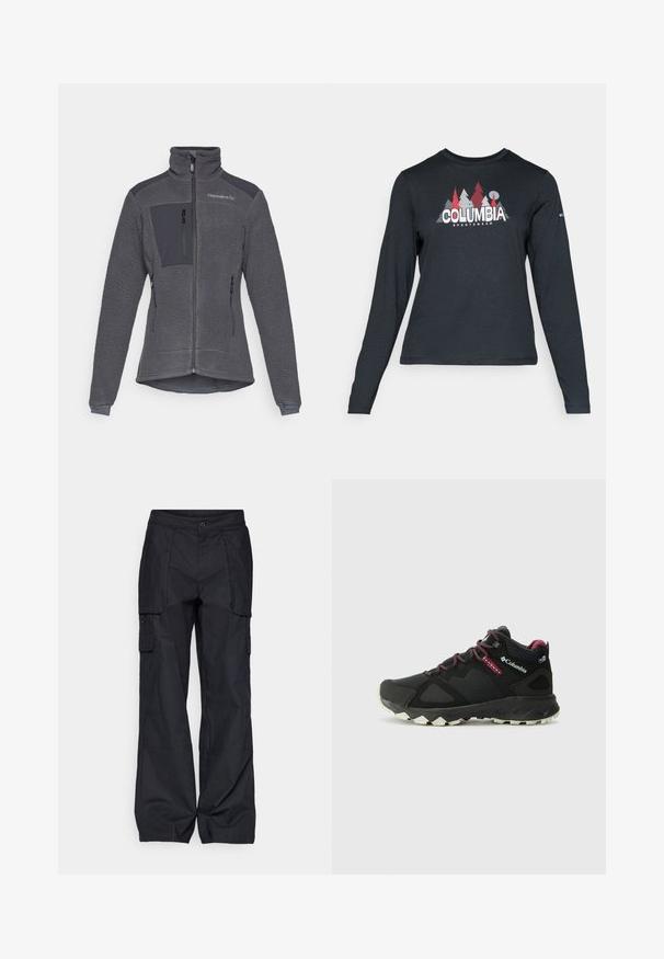 Tumedashalli fliisjakker, millel on luku ees, kõrge kaelus ja kontrastsed siledad kangasaktsendid õlgadel ja rinna taskul.; Pikend varrukatega tumehall särk, millel on punaste puude ja mägede graafika; "COLUMBIA" logo julge valge tekstiga. Pehme kangas, tavaline ümmargune kaelus.; Columbia BREA FALLS™ COTTON RIPSTOP PANT - Õuepüksid - black; Columbia PEAKFREAK HERA MID - Matkajalatsid - black/deep madeira
