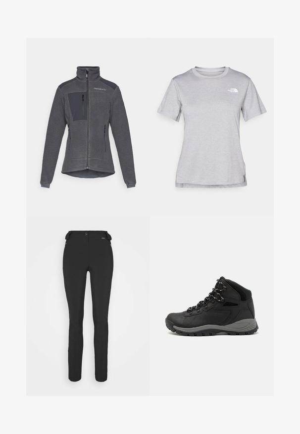 Fleece jacket in dark gray with a zip front, high collar, and contrasting smooth fabric accents on the shoulders and chest pocket.; Grey short-sleeve t-shirt made of soft, moisture-wicking fabric. Features a crew neck and a small white logo on the upper left.; Black, fitted pants made from a flexible material. Features include a zippered side pocket, articulated knees, and a smooth texture.; Black hiking boot with a mid-top design, featuring a textured upper, gray accents, and durable rubber sole with traction lugs.