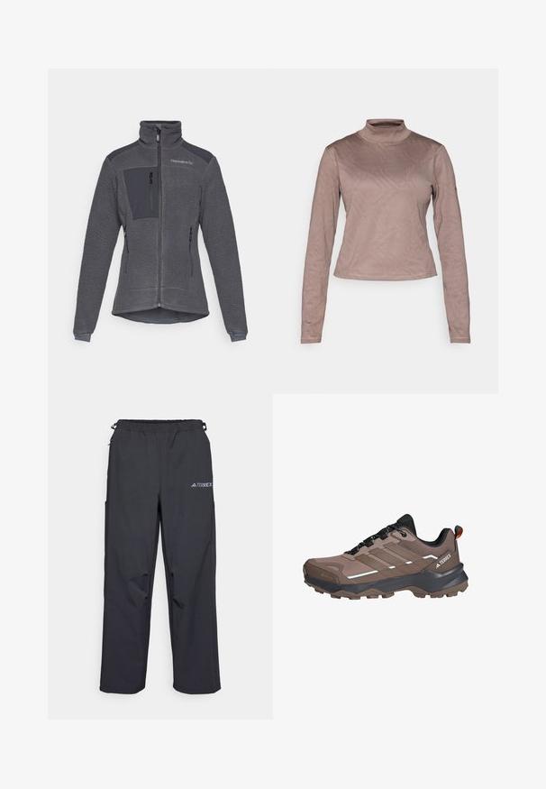 Bluza polarowa w ciemnoszarym kolorze z zamkiem z przodu, wysokim kołnierzem oraz kontrastowymi, gładkimi akcentami na ramionach i kieszeni na piersi.; Columbia GRANITE POINT™ piaskowy; Czarne, lekkie spodnie outdoorowe z elastycznym paskiem w talii, kieszeniami po bokach i logo na górnej prawej nodze. Gładki, wodoodporny materiał.; Brązowe i czarne buty trekkingowe Adidas Terrex z Gore-Tex, solidną podeszwą, czarnymi sznurówkami i siateczkową cholewką do użytku na świeżym powietrzu.