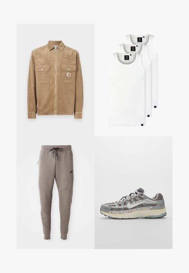 Pruunist corduroy'ist valmistatud jakk, millel on ees pikema lõikega lukku, kaks rinnataskut ja väike logo silt. Omab klassikalist kraed ja ribakujulist tekstuuri.; Kolm valget ribaga t-särki, mis on valmistatud puuvillast. Omavad ümmargust kaelanõhku ja väikseid musti silte hemme lähedal. Saadaval erinevates suurustes.; Hallide Nike dressipüksid, millel on nööriga vöökoht, kitsenevad sääred, küljetaskud ja eristuv õmbluse detail. Pehme, tekstureeritud kangas.; Hallus hallitus jalanõud, millel on võrgust ja sametist ülemine osa, valged rõhutused, pehme tald ning eristuv disain peegelduvate elementidega.