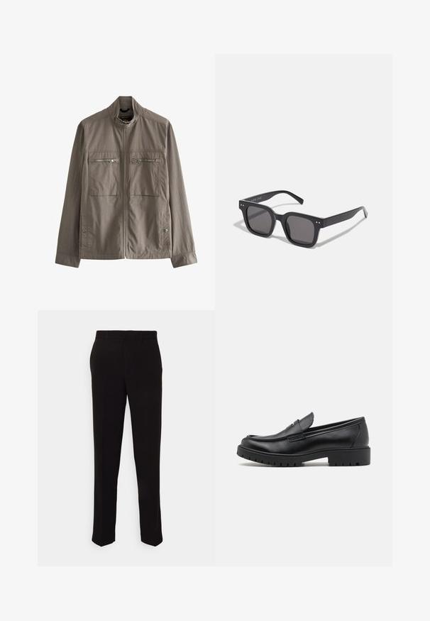 Pilkas lengvas švarkas su aukšta apykakle, dviem užtraukiamais krūtinės kišenėmis ir šoniniu mygtukų užtrauktuku. Lygi medžiaga su paprastu dizainu.; Juodas megztinis su aukštu kaklu, pagamintas iš minkštos mezgimo medžiagos. Turi ilgomis rankovėmis, raukšlėtą apykaklę ir apatinę dalį. Paprastas, elegantiškas dizainas be raštų.; Juodos kelnes su tiesiu siluetu, turinčios lygią tekstūrą ir be matomų raštų ar metalinių detalių. Klasikinis dizainas su švariu siluetu.; Juodos odinės loferių suapvalintu nosimi, lengvai užmaunamu dizainu ir storu guminiu padu, turinčiu tekstūruotą sukibimą. Pakeltas kulnas ir subtilios siuvimo detalės.; Juodos stačiakampės saulės akinių su tamsiais lęšiais, turinčiais storą rėmelį, subtilias detales šonuose ir be matomų logotipų, išskyrus prekės pavadinimą.; Metalinis kvarcinis laikrodis su juodu ciferblatu, baltais skaičiais ir datos rodmeniu. Turi nerūdijančio plieno juostą ir atsparumą vandeniui iki 100 m.