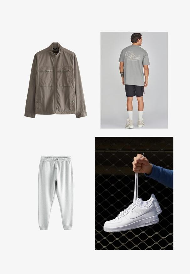 Grå lättviktsjacka med hög krage, två dragkedjefickor på bröstet och sidoknappar. Slät tyg med en enkel design.; Grå bomullströja med stor krämfärgad logo på baksidan, parat med svarta shorts. Modellen har på sig vita strumpor och beige sneakers.; Grå sweats med dragsko i midjan, två sidofickor och smala anklar, tillverkade av mjukt, texturerat tyg.; Vita lädersneakers med perforeringar, rund tå, platt sula och tjocka snörning, med en synlig swoosh-logga och "AIR" på hälen.