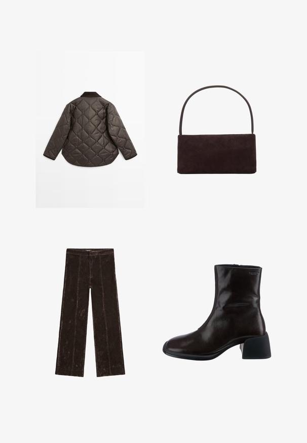 Brązowa pikowana kurtka z okrągłym dołem, długimi rękawami i ciemnym kołnierzem. Teksturowana powierzchnia z rombowymi wzorami na całej powierzchni.; Beżowy sweter dzianinowy z kołnierzykiem, z czarnymi zapięciami na guziki i prążkowanymi mankietami oraz dołem. Miękka tekstura, skrócony fason.; Biała koszulka z długim rękawem, wykonana z miękkiej bawełny. Posiada okrągły dekolt, prosty dół i bezszwowe ramiona, co zapewnia gładki, smukły wygląd.; Spodnie o szerokich nogawkach w ciemnym brązie, z teksturą przypominającą zamsz, z pionowymi szwami oraz elastycznym pasem dla wygody.; Vagabond ANSIE - Botki; Prostokątna torba z ciemnobrązowego zamszu z wąskim pojedynczym uchwytem, minimalistyczny design i brak widocznych ozdób.