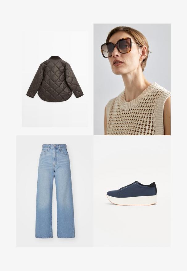 Braune gesteppte Jacke mit abgerundetem Saum, langen Ärmeln und einem dunklen Kragen. Texturierte Oberfläche mit rautenförmigen Mustern.; Weißes ärmelloses Top aus weicher Baumwolle. Verfügt über einen runden Ausschnitt und einen geraden Schnitt. Schlichtes Design ohne sichtbare Muster oder Akzente.; Hellblaue High-Waist-Weite-Leg-Jeans mit Knopf- und Reißverschluss vorne, Vorder- und Rückentaschen, auf weißem Hintergrund.; Dunkelblaue Sneaker mit einem strukturierten Obermaterial, weißer Plattformsohle, runder Zehenpartie und schwarzem Fersenakzent. Verfügt über sechs Ösen für die Schnürsenkel.; CHLOÉ Sonnenbrille - brown