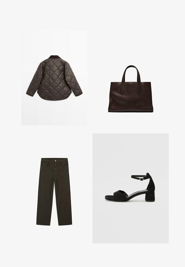 Giacca marrone trapuntata con orlo arrotondato, maniche lunghe e colletto scuro. Superficie testurizzata con motivi a forma di diamante.; T-shirt corto marrone scuro in cotone. Presenta un collo tondo e una vestibilità comoda, senza motivi o accenti visibili.; Jeans a gamba larga di colore verde scuro, realizzati in tessuto misto cotone, dotati di chiusura con bottone frontale, cinque tasche e cuciture classiche in denim.; Sandali con tacco in suede nero, con una sottile fascia alla caviglia, design open toe e un discreto tacco a blocco. Texture liscia e decorazioni minime.; Borsa a spalla in pelle marrone con due manici lunghi, forma rettangolare strutturata, texture liscia e dettagli di cucitura sottili.