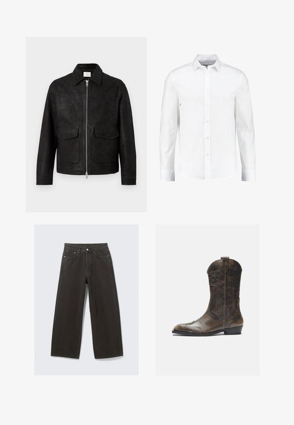 Black leather jacket with collar, front zipper, and two large flap pockets on a plain light background.; White long-sleeve button-up shirt made from smooth cotton. Features a classic collar and button-front closure with a straight hem.; Wide-leg black denim jeans feature a high waist, five-pocket design, and a button-fly closure. The fabric has a soft, textured finish.; Brown leather cowboy boot with a tall shaft, pointed toe, intricate stitching patterns, and a small heel. Textured finish throughout.