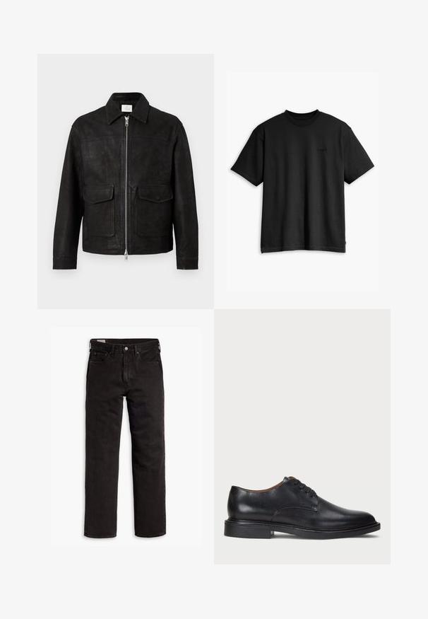 Black leather jacket with collar, front zipper, and two large flap pockets on a plain light background.; Black cotton t-shirt with a crew neck and short sleeves. Features a subtle front logo and a straight hemline. Simple and minimalistic design.; Black straight-leg denim jeans with five pockets, button closure, and belt loops, laid flat on a white background.; Black leather dress shoe with a round toe, lace-up design, and a low stacked heel. Smooth texture with minimal stitching details.
