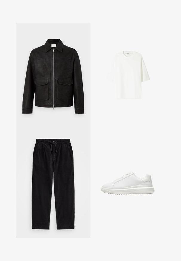 Černá kožená bunda s límcem, předním zipem a dvěma velkými klopovými kapsami na jednobarevném světlém pozadí.; Bílá tričko s krátkým rukávem vyrobené z bavlny, se skládaným výstřihem a uvolněným střihem s rovním lemem.; Černé kordové kalhoty s volným střihem, vybavené elastickým pasem se šňůrkou a bočními kapsami. Tkanina má jemně rýhovanou strukturu.; Bílé tenisky s hladkým syntetickým svrškem, kulatou špičkou, plochými tkaničkami, texturovanou podrážkou a vrstveným designem platformy pro zvýšení výšky.