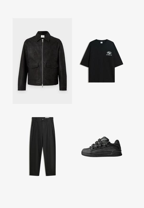 Zwartleren jack met kraag, ritssluiting aan de voorkant en twee grote klepzakken op een effen lichte achtergrond.; Zwarte oversized katoenen t-shirt met een ronde halslijn en korte mouwen, met een witte "Shibuya" logo gedrukt op de voorkant.; Zwarte katoenen broeken met een losse pasvorm, voorzien van een klassieke tailleband, voorplooien en zijzakken. Gladde structuur zonder patronen.; Zwarte sneakers met een glad leren bovenwerk, gearceerde accenten en ronde zwart-witte veters. Dikke rubberen zool met een geprofileerd loopvlak.