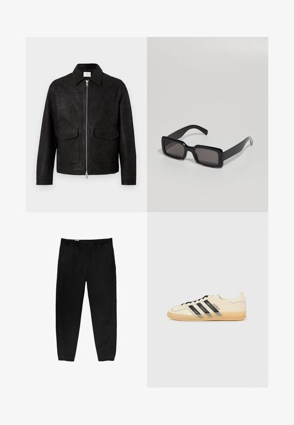 Crna kožna jakna s ovratnikom, prednjim zatvaračem i dva velika džepa s preklopom na jednostavnoj svijetloj pozadini.; Crna pamučna majica s bijelim 'ARCHIVE inc.' logotipom preko prsa, kratkim rukavima i okruglim izrezom.; Crne hlače s elastikom u struku i vezicom, sužene nogavice, bočne džepove i suptilne detalje šivanja s strane. Mekana pamučna tkanina.; Svijetlosmeđi tenisice s crnim dizajnom tri pruga, teksturirana gornja strana, okrugli vrh i đon od gume. Ima vezice i brendiranje sa strane.; Crne naočale sa pravokutnim okvirom, deblje plastične konstrukcije i tamnim staklima, s glatkim površinama i zaobljenim rubovima.; Bijela biserna ogrlica s uniformnim okruglim oblikom, glatkom površinom i metalnom kopčom s produžnom lancem za podesivu duljinu.