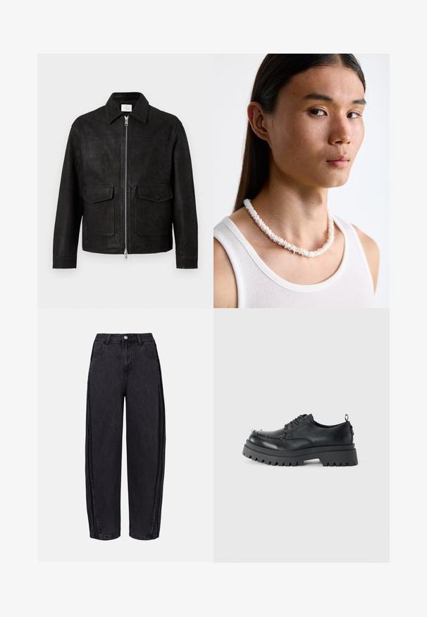 Černá kožená bunda s límcem, předním zipem a dvěma velkými klopovými kapsami na jednobarevném světlém pozadí.; Černé bavlněné tričko s barevným potiskem na levém prsu, zobrazující medvídka a stylizovaný text, s krátkými rukávy a kulatým výstřihem.; Černé široké džíny vyrobené z denimu s hladkou texturou. Mají vysoký pas, přední kapsy a zapínání na knoflík v pase.; Černá robustní kožená šněrovací bota s tlustou odolnou podrážkou a metalovými očky v oblasti prstů, vyfocena na jednobarevném světlém pozadí.; Bílý náhrdelník z mušlí složený z nepravidelných tvarů, nošený přes přiléhavý bílý top bez rukávů. Hladký povrch s jemným leskem, těsně přiléhající design.
