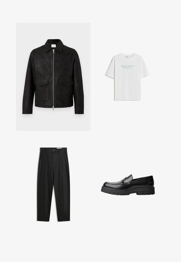 Čierna kožená bunda s golierom, predným zipsom a dvoma veľkými klopovými vreckami na čistom svetlom pozadí.; Biela bavlnená tričko s voľným strihom, okrúhlym výstrihom a svetlozeleným textom: "ČERSTVÝ VZDUCH, PLAYLIST, VOĽNÝ ČAS, a pod..." na prednej strane.; Čierne bavlnené nohavice s voľným strihom, s klasickým pásom, prednými záhybmi a bočnými vreckami. Hladká textúra bez vzorov.; Čierne kožené mokasíny s masívnou podrážkou a dekoratívnym pásom cez hornú časť, zobrazené z ľavého bočného profilu na bielom pozadí.