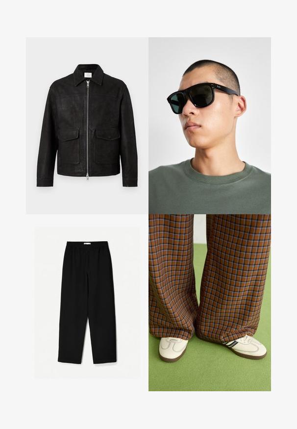 Černá kožená bunda s límcem, předním zipem a dvěma velkými klopovými kapsami na jednobarevném světlém pozadí.; PULL&BEAR JOIN LIFE - Jednoduché tričko - black; Černé kalhoty s širokými nohavicemi vyrobené z lehkého materiálu. Mají elastický pas a hladkou texturu. Bez viditelných vzorů nebo kovových detailů.; Hnědo-modré kostkované široké kalhoty doplněné bílými botami s černými akcenty a texturovanou podrážkou, umístěné na zeleném pozadí.; Černé obdélníkové sluneční brýle s tmavými skly, které mají charakteristický tvar a logo na straně. Nosí je osoba v zelené košili.