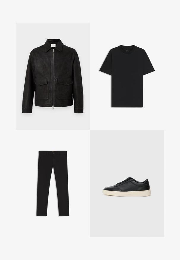 Zwartleren jack met kraag, ritssluiting aan de voorkant en twee grote klepzakken op een effen lichte achtergrond.; Zwarte korte mouwen T-shirt van een gladde katoenmix, met een ronde halslijn en een minimalistisch ontwerp zonder patronen of accenten.; Zwarte broek van stof met een gladde textuur. Bevat een knoopsluiting, riemlussen en zijzakken. Standaard straight-leg ontwerp.; Zwarte leren sneaker met lage schacht, zwarte veters en off-white zool, weergegeven in zijprofiel op een witte achtergrond.
