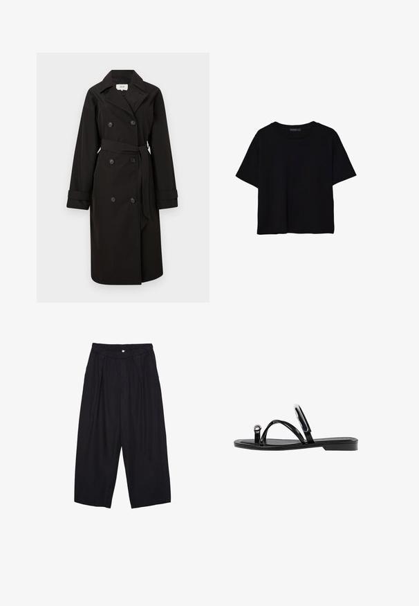 Čierny dvojradový trenčkot s opaskom, vyrobený z hladkej látky, so širokými gombíkmi, výstrihom do V a rolujúcimi manžetami.; Čierne tričko s krátkym rukávom vyrobené z bavlny. Má okrúhly výstrih a voľný strih s hladkou, jednofarebnou textúrou. Žiadne viditeľné vzory ani akcenty.; Čierne polyesterové culotte nohavice s elastickým pásom, dvoma prednými záhybmi a voľným strihom. Žiadne viditeľné vzory ani detaily z kovu.; Čierne ploché sandále s lesklým povrchom, tromi tenkými popruhmi a okrúhlou kovovou ozdobou na prste. Elegantný dizajn s minimálnym podpätkom.