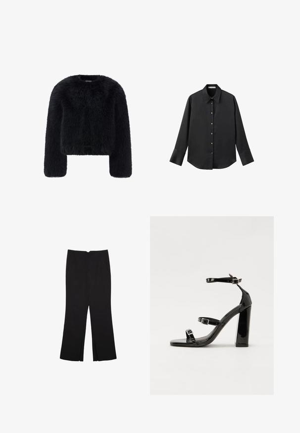 Svart konstläderjacka med kort design, rund halsringning och långa ärmar; texturen verkar mjuk och plyschig med en glansig finish.; Svart långärmad skjorta i mjukt tyg, med klassisk krage, framknäppning med knappar i guldton och breda manschetter.; Svarta byxor med rak passform, utrustade med framfickor och sidoklyvningar vid fållen. Tillverkade av mjukt, slätt tyg. Lämpliga för olika tillfällen.; Svarta lackerade klacksandaler med fyrkantig tå, ankelremmar och silverfärgade spännen. Har en kraftig blockklack för stabilitet.