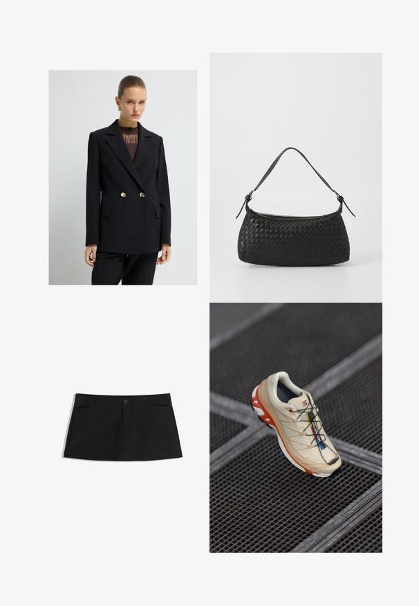 Czarny dwurzędowy żakiet z klapami, złotymi guzikami i kieszeniami z przodu. Noszony na teksturowanym brązowym topie. Dopasowany krój.; Szary sweter dzianinowy z długimi rękawami, ribbowanymi mankietami i dołem. Okrągły dekolt z luźnym krojem i miękką teksturą. Bez widocznych wzorów czy akcentów.; Czarna, spódnica do kolan wykonana z miękkiego materiału. Posiada dwie przednie kieszenie i pojedyncze zapięcie na guzik w talii.; Beżowe buty biegowe z pomarańczowymi akcentami, zaprojektowane z teksturowaną cholewką, czarną podeszwą i wbudowanymi sznurowadłami. Zawierają logo GORE-TEX.; Czarna, pleciona torba na ramię z gładkim skórzanym paskiem i zapięciem na zamek. Charakteryzuje się teksturowaną powierzchnią i zakrzywionym kształtem.