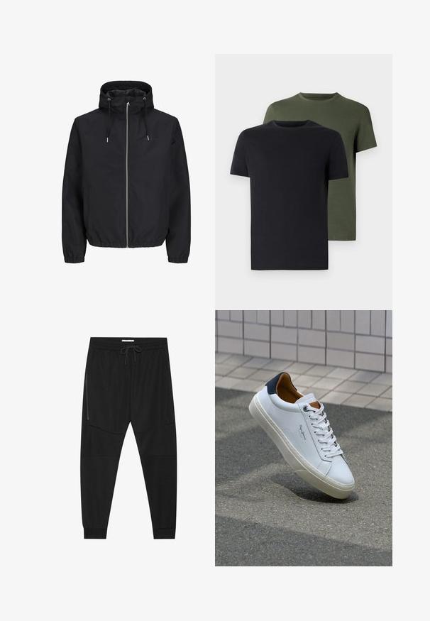 Schwarze Kapuzenjacke aus leichtem Material. Verfügt über einen frontalen Reißverschluss, elastische Ärmelbündchen und eine Kapuze mit Kordelzug. Einfaches Design mit seitlichen Taschen.; Zwei Rundhals-T-Shirts in Schwarz und Olivgrün, aus weichem Baumwollstoff gefertigt. Das Design ist schlicht mit kurzen Ärmeln und geradem Schnitt.; Schwarze Sporthosen aus strukturiertem Stoff, mit verstellbarem Bund, seitlicher Reißverschlusstasche und schmal zulaufenden Bündchen.; Weiße Ledersneaker mit navyfarbenem Fersenbereich, runder Zehenpartie und kontrastierenden braunen Akzenten. Verfügt über flache Schnürsenkel und eine strukturierte Gummisohle.