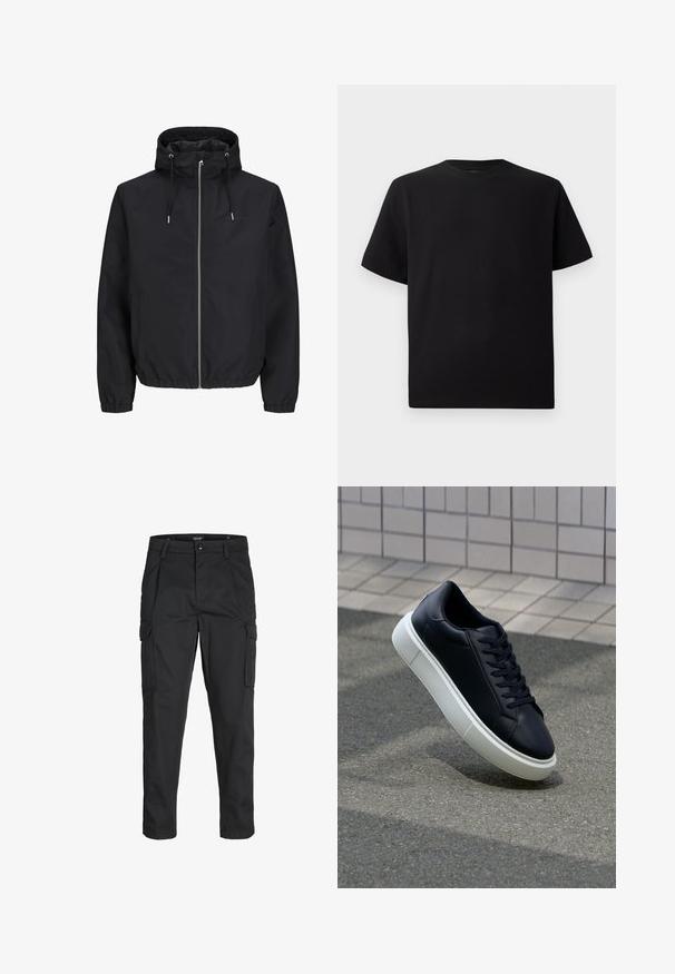 Must musta jope, mis on valmistatud kergest kangast. Omab esimest lukku, elastseid mansette ja reguleeritavat kapuutsi. Lihtne disain küljetaskutega.; Must have lühikeste varrukatega must T-särk, mis on valmistatud tekstuursetest materjalidest, ümmarguse kaelusega ja lõdva lõikega. Lihtne, ilma mustrite või aktsentideta.; Mustad mustapõlvik, mis on valmistatud tugeva koe kasutades, sisaldab mitmeid taskuid, nupule kinnitatav sulgemine ja kitsenev disain.; Mustast nahast tennisetoss, millel on ümar nina ja valge kummist tall. Omab siredaid paelu ja minimaalset õmblemist ülemises osas. Tekstuuriga tald, mis tagab haakuvuse.