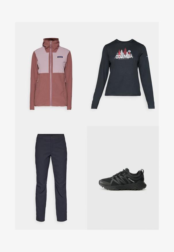 Patagonia CROSSSTRATA HOODY - Giacca outdoor - dulse mauve; Maglietta a maniche lunghe grigia scura con una grafica di alberi rossi e montagne; logo "COLUMBIA" in caratteri bianchi in grassetto. Tessuto morbido, scollatura a girocollo standard.; Pantaloni blu navy realizzati in tessuto liscio, con chiusura frontale a bottone, design slim-fit e pieghe decorative sulle ginocchia.; Columbia PEAKFREAK - Scarpa da hiking - black