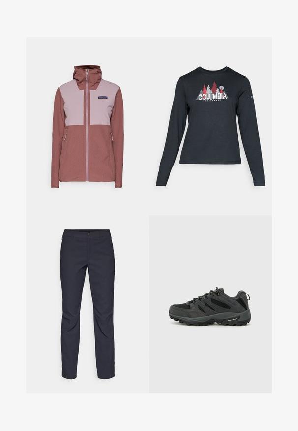 Patagonia CROSSSTRATA HOODY - Giacca outdoor - dulse mauve; Maglietta a maniche lunghe grigia scura con una grafica di alberi rossi e montagne; logo "COLUMBIA" in caratteri bianchi in grassetto. Tessuto morbido, scollatura a girocollo standard.; Pantaloni blu navy realizzati in tessuto liscio, con chiusura frontale a bottone, design slim-fit e pieghe decorative sulle ginocchia.; Columbia REDMOND - Scarpa da hiking - black/citron haze