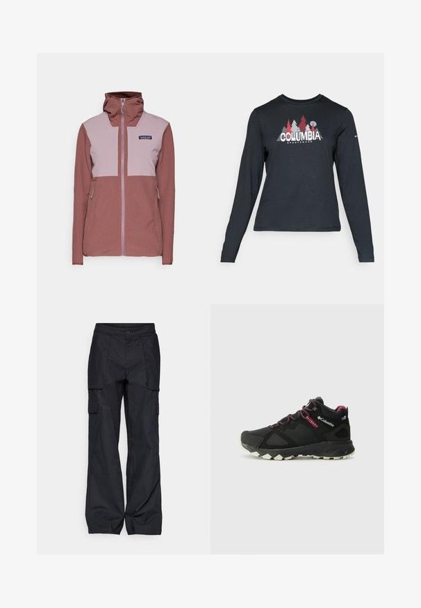 Patagonia CROSSSTRATA HOODY - Õuejope - dulse mauve; Pikend varrukatega tumehall särk, millel on punaste puude ja mägede graafika; "COLUMBIA" logo julge valge tekstiga. Pehme kangas, tavaline ümmargune kaelus.; Columbia BREA FALLS™ COTTON RIPSTOP PANT - Õuepüksid - black; Columbia PEAKFREAK HERA MID - Matkajalatsid - black/deep madeira