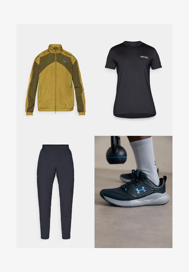 Casaco verde-oliva com fecho éclair e detalhe laranja, apresentando um colarinho alto, punhos elásticos e um tecido leve e texturizado. Logótipo da Under Armour visível.; T-shirt preto de mangas curtas feito de um tecido suave, apresentando um decote redondo e um pequeno logotipo branco na área do peito esquerdo.; Calças de desporto negras com uma textura suave, corte justo, cintura elástica e bolsos laterais. Apresenta um pequeno logótipo na coxa esquerda.; Sapatilha atlética preta com detalhes em azul, parte superior texturizada e sola cinza. Usada com meias caneladas cinza, ao lado de um kettlebell preto.