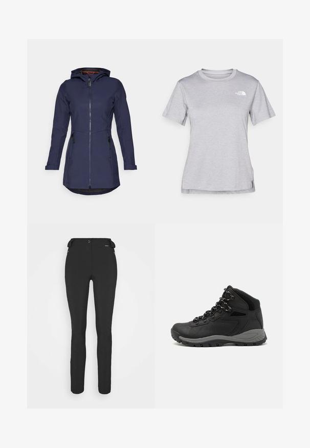 Icepeak ALAMOSA - Soft shell jacket - dunkel blau; Grey short-sleeve t-shirt made of soft, moisture-wicking fabric. Features a crew neck and a small white logo on the upper left.; Black, fitted pants made from a flexible material. Features include a zippered side pocket, articulated knees, and a smooth texture.; Black hiking boot with a mid-top design, featuring a textured upper, gray accents, and durable rubber sole with traction lugs.