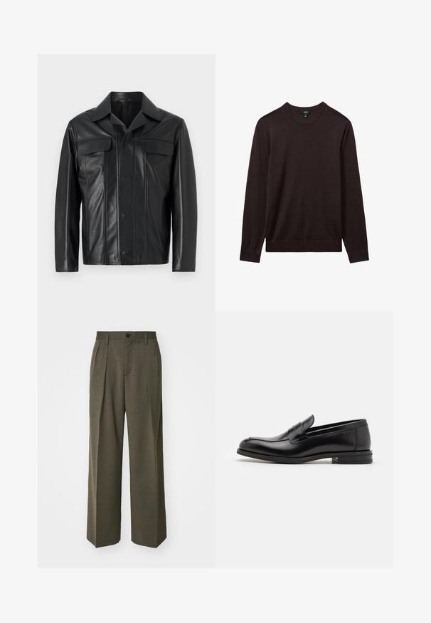 Must fekalükk, millel on nupuga esituli, kaks rinna taskut ja klassikaline krae. Sujuv tekstuur koos õrnade õmblusdetailidega.; Reiss Džemper - dark bordeaux; Filippa K WIDE TROUSERS - Püksid - driftwood; Mustad mustad nahast loafers sileda tekstuuriga, ümarat ninaosa ja dekoratiivne riba vampi üle. Madal kihiline konts, minimalistlik disain.