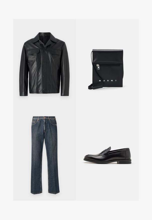 Must fekalükk, millel on nupuga esituli, kaks rinna taskut ja klassikaline krae. Sujuv tekstuur koos õrnade õmblusdetailidega.; Kreemivärvi kudumiga sviiter polo krae, sooniküttega varrukate ja äärega, ees klappi ja pehme tekstuuriga.; Tumedast sinised sirged teksapüksid, millel on ees nupp, tõmblukk, kaks eesmist taskut ja nähtavad vertikaalsed kortsud pükste jalgu pidi.; Mustad mustad nahast loafers sileda tekstuuriga, ümarat ninaosa ja dekoratiivne riba vampi üle. Madal kihiline konts, minimalistlik disain.; Mustmust nahast õlakott, millel on tõmblukk eesmine tasku, embosseeritud logo ja reguleeritav rihm. Sile tekstuur koos struktureeritud kujuga.