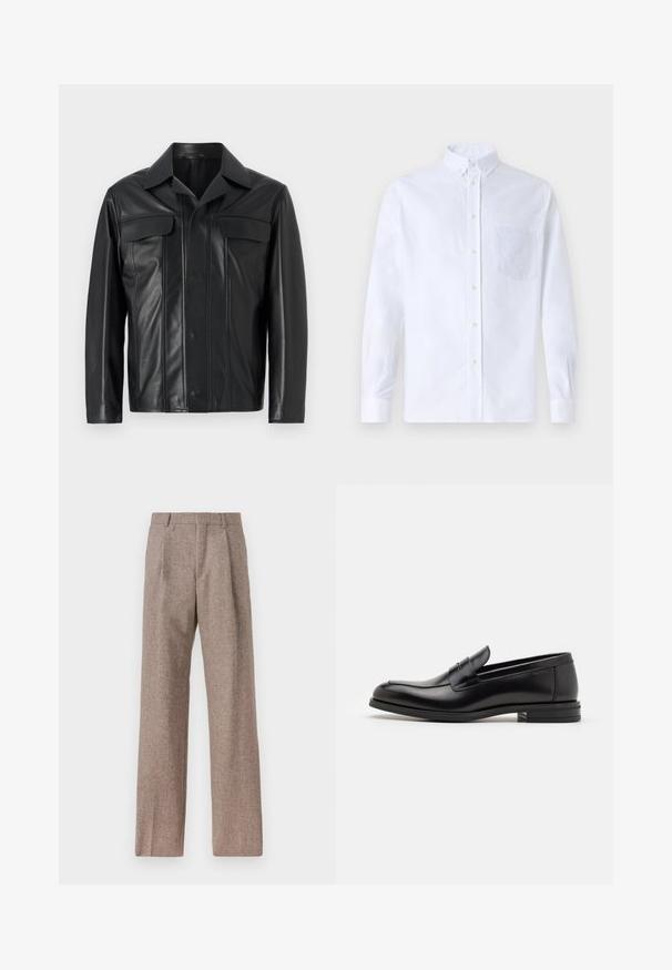 Schwarze Lederjacke mit knöpfbarem Vorderteil, zwei Brusttaschen und klassischem Kragen. Glatte Textur mit dezenten Steppdetails.; Weißes Langarm-Hemd mit Knöpfen aus Baumwolle, ausgestattet mit einer Brusttasche mit tonalem Stickerei, einem Kragen und Knopfmanschetten.; Braune, hochtaillierte Hose aus strukturiertem Stoff. Mit weitem Bein und zwei vorderen Bügelfalten für zusätzliche Form. Saubere Verarbeitung ohne sichtbare Hardware.; Schwarze Lederloafers mit glatter Textur, rundem Zehenbereich und einem dekorativen Riemen über dem Vorderfuß. Niedriger, gestapelter Absatz, minimalistisches Design.
