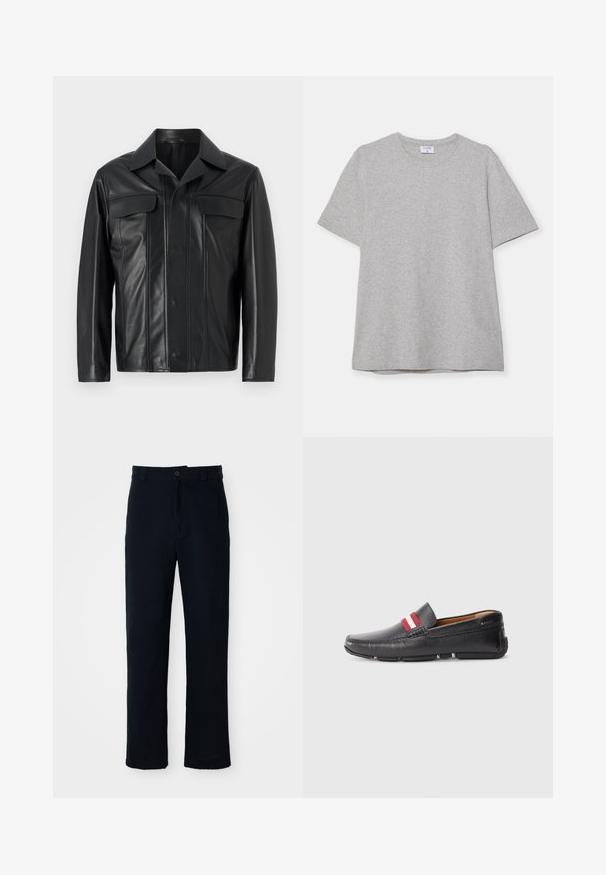 Crna kožna jakna s prednjim kopčanjem na gumb, dva džepa na prsima i klasičnim okovratnikom. Glatka tekstura s suptilnim detaljima šivanja.; Siva majica s kratkim rukavima napravljena od mekane, teksturirane tkanine. Ima klasičan izrez oko vrata i ravni rub, prikladna za svakodnevno nošenje.; Mornarsko plave hlače od pamuka, s ravnim krojem, prednjim kopčanjem na gumb i klasičnim pojasom s petljama za remen.; Crne kožne cipele na vezanje s teksturiranom površinom, crvenim i bijelim prugastim akcentom na gornjem dijelu, zaobljenim vrhom i gumeni potplat.