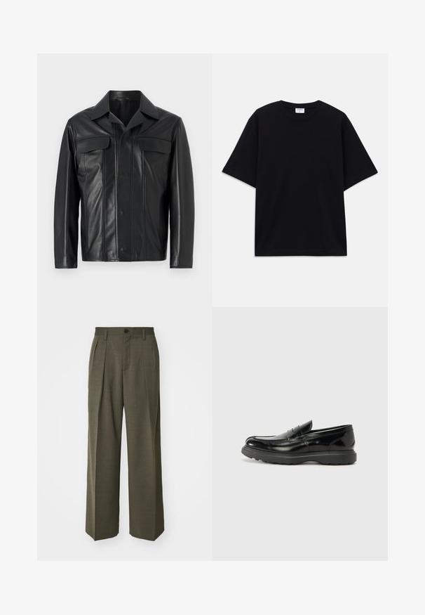 Sort læderjakke med knaplukning foran, to brystlommer og en klassisk krave. Glat struktur med diskrete syninger.; Sort oversized T-shirt med korte ærmer og rund halsudskæring, med synlig Filippa K mærke indeni kraven.; Filippa K WIDE TROUSERS - Bukser - driftwood; Sort læderloafer med en blank finish, rund tå, subtile syninger og en tyk gummisål for holdbarhed.