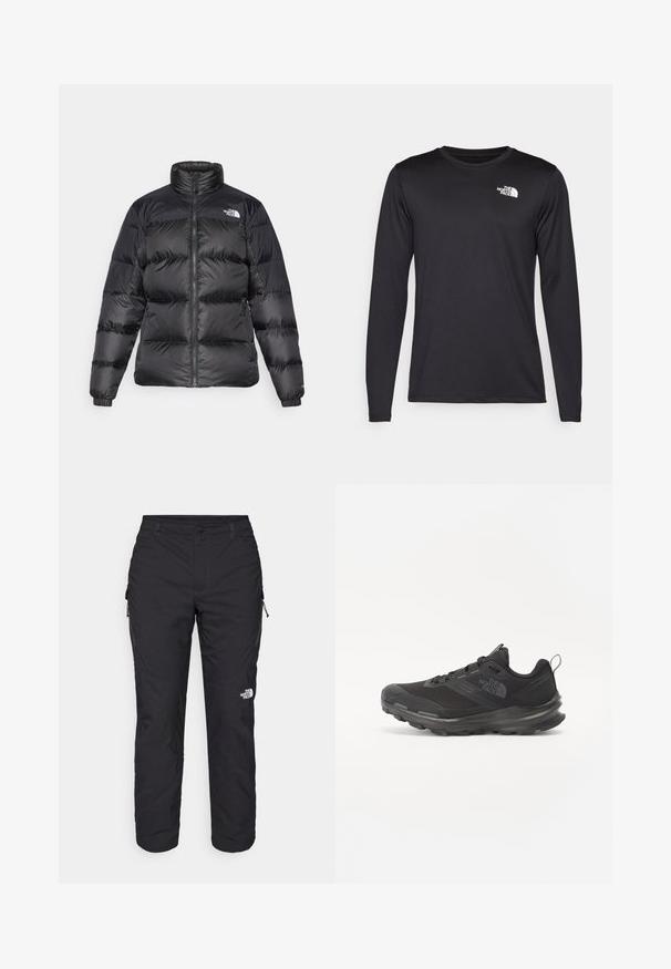 Črna puhovka z visokim ovratnikom, sprednjim zadrgo in horizontalno prešitim videzom. Ima elastične manšete in logotip blagovne znamke na levem ramenu.; Črna majica z dolgimi rokavi za športne dejavnosti iz lahkega materiala, ki na zgornji levi strani prsnega dela vsebuje bel logotip. Gladka tekstura.; The North Face WINTER EXPLORATION TAPERED CARGO - Hlače za na prostem - black; Črne športne čevlje z mrežastim zgornjim delom, gumijastim podplatom in oblazinjenim ovratnikom. Imajo vezalke, logo na strani in strukturiran dizajn.