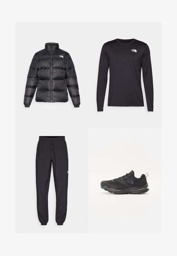 Black puffer jacket with high collar, front zipper, and horizontal quilted texture. Features elasticized cuffs and brand logo on the left shoulder.; Long-sleeved black performance t-shirt made of lightweight fabric, featuring a white logo on the upper left chest. Smooth texture.; Black athletic pants made from lightweight fabric, featuring a drawstring waistband, side pockets, and tapered cuffs at the ankles.; Black athletic shoe with mesh upper, rubber outsole, and padded collar. Features laces, logo on the side, and a textured design.